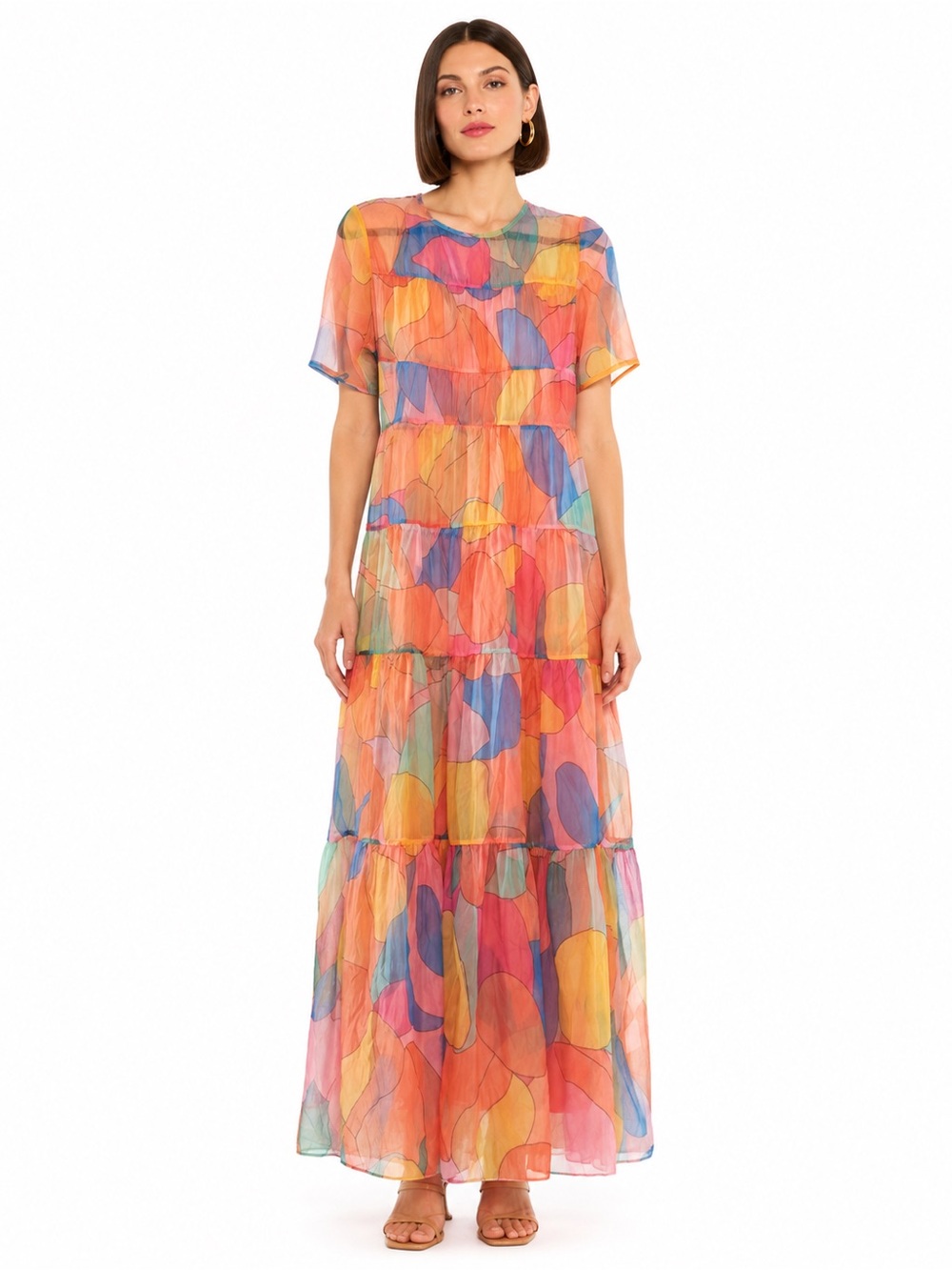 Sheer Multicolor Abstract Print Tiered Maxi Dress Short Sleeve Rainbow Medium